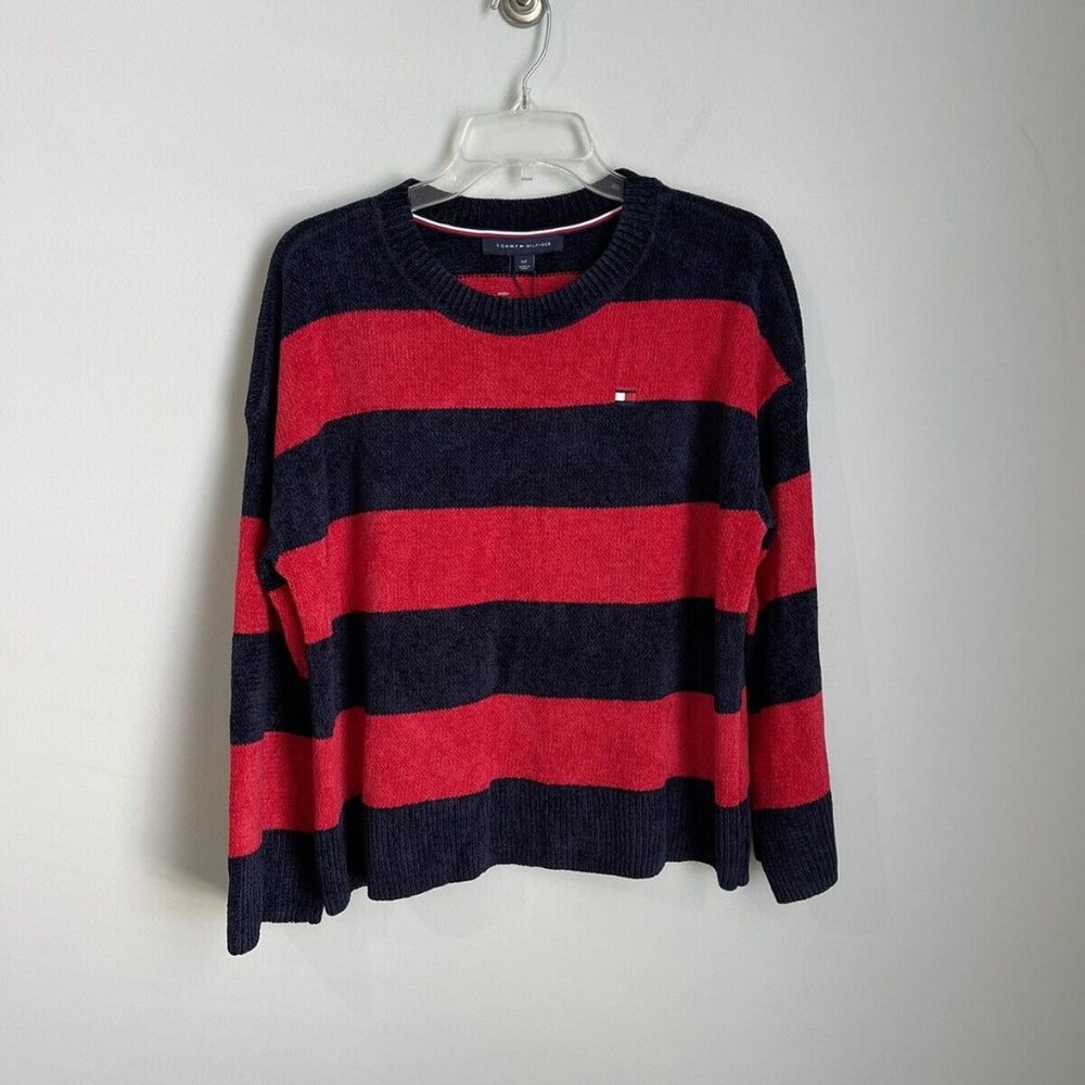 New Tommy Hilfiger Red Navy Striped Chenille Pullover Sweater Academia